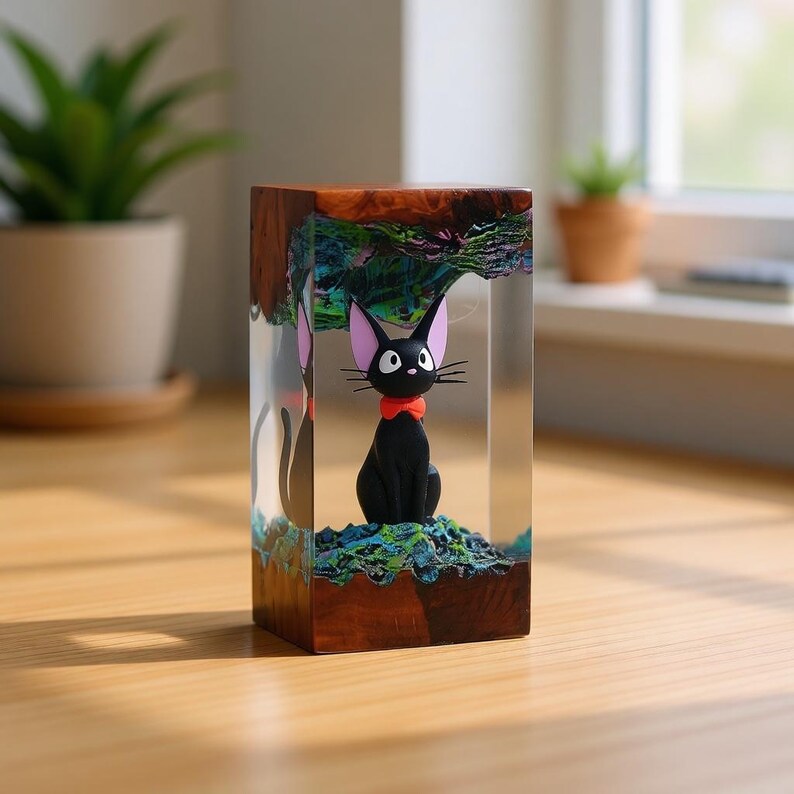 May include: A black cat figurine with a red bow tie inside a clear resin block. The resin is encased in a wooden frame, with a colorful, textured design at the top. The cat is sitting on a bed of green and blue material.