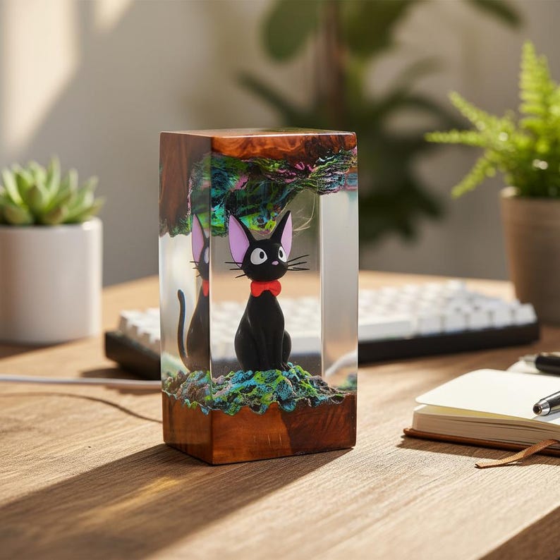May include: A black cat figurine with a red bow tie is encased in a clear resin block with a wooden base. The cat sits on a colorful, textured base, with a reflection visible on the left side. The top of the block has colorful accents.