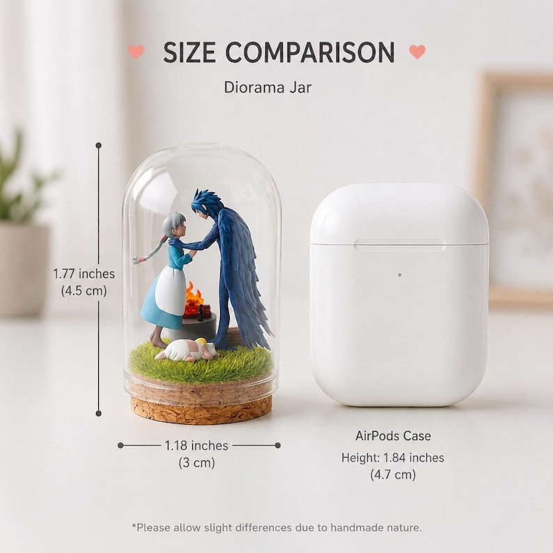 May include: A diorama jar featuring miniature figures of a person in a blue dress and a dark-haired figure with wings standing on green grass. The jar has a cork base and measures 1.77 inches high and 1.18 inches wide, shown next to a white AirPods case.