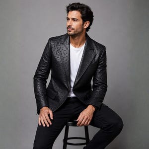 May include: A black blazer with a textured, dotted surface pattern worn over a plain white t-shirt and black trousers. The blazer features notched lapels, long sleeves, and a structured fit, paired with dark pants and a simple white shirt.