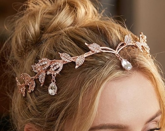 Crystal Bridal Crown, Elven Leaf Tiara, Wedding Hair Accessory