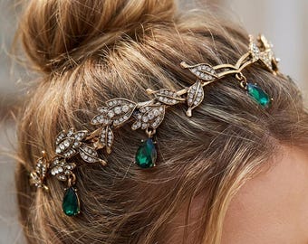 Elfenblatt-Brautkrone, Kristall-Tiara, smaragdgrüne Edelsteine