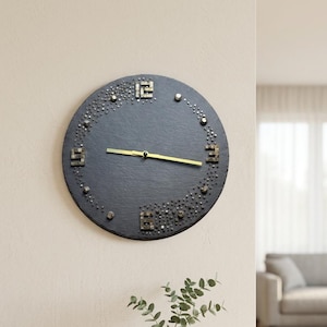 Handmade Slate Wall Clock with Pyrite – Radio Controlled Clock with Roman Numerals – Gift for Him and Her – Natural Stone Decor