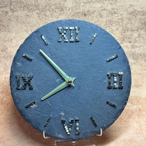 Handmade Slate Wall Clock with Pyrite – Radio Controlled Clock with Roman Numerals – Gift for Him and Her – Natural Stone Decor