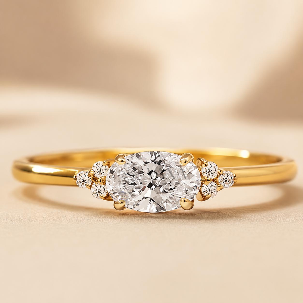 East West Oval Lab Grown Diamond Ring, Yellow Gold Cluster Diamond Ring, Dainty Oval Diamond Ring for Her