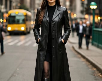 Women's Gothic Steampunk Black Leather Trench Coat, Handmade Vintage  Full Length Overcoat Long jacket