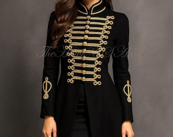 Women’s Black Military Steampunk Victorian Long Tailcoat Jacket, Vintage Gothic Regal Overcoat