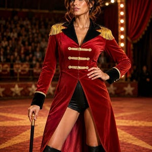 May include: A red velvet long-line jacket featuring black lapels, gold fringe epaulets, and three rows of gold braided frog closures. The jacket is paired with black shorts and black knee-high boots, and a black cane with a gold handle is held.