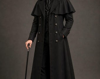 Victorian Inverness Black Cloak Cape Coat Overcoat Men, Vintage Gothic Steampunk Sherlock Holmes Outerwear