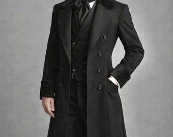 Men’s Victorian Gothic Regency Tailcoat, Vintage Steampunk Edwardian Gentlemen Frock Coat Trench Long Overcoat