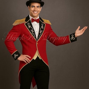May include: A red circus ringmaster's jacket with gold trim, black lapels, and epaulettes. The jacket is paired with black trousers, a white shirt, a red bow tie, and a black top hat. The outfit is formal and theatrical.