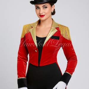 May include: A red velvet jacket with gold trim and fringe, black cuffs, and a black top hat. The jacket has a gold collar and a small black pocket. White gloves complete the look. The text "Hawfold Legacy" is visible.