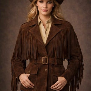 May include: A brown suede jacket with fringe detailing, a belt, and a matching cowboy hat. The jacket has a collared neckline and two front pockets. The model is wearing blue jeans and a light-colored button-down shirt.