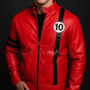 May include: Red leather jacket with black stripes and a white circle with the number 10. The jacket has a zipper closure and a stand-up collar. The text "Hawk Fold Legacy" is visible on the jacket.