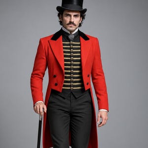 Op de afbeelding: Een zwarte hoge hoed, een felrode pandjesjas met zwarte fluwelen revers, een zwart vest met horizontale gouden biezen en knopen, een wit overhemd met een grijze das, een zwarte broek, zwarte kniehoge laarzen en een zwarte wandelstok.