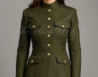 Women's Olive Green Military Wool Coat, Vintage Army Double-Breasted Officer Jacket | Tailored Uniform Blazer