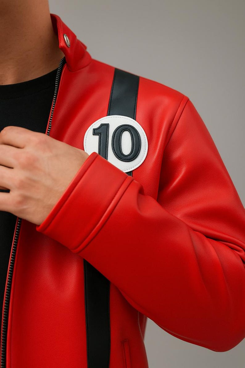 May include: A vibrant red jacket with a black stripe down the sleeve and a white circular patch featuring the number "10". The jacket has a stand-up collar and a zipper closure. The design is reminiscent of a racing or superhero style.