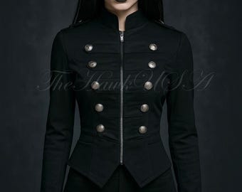 Women's Black Gothic Steampunk Military Jacket Coat, Vintage Victorian Officer Tailored Cosplay Outerwear