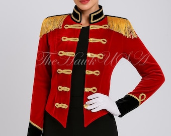 Chaqueta de terciopelo rojo para mujer, estilo maestro de ceremonias / Disfraz de domador de circo / Levita militar / Para desfiles / Burlesque / Halloween