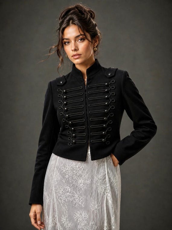 Women's Napoleonic Military Hussar Fashion Jacket Coat Blazer, Vintage Victorian Gothic Steampunk Black Outerwear