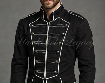 Men's Black Military Gothic Steampunk Parade Jacket, Marching Band Victorian Uniform Tailcoat