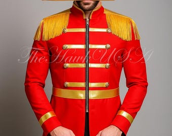Men’s Red Military Jacket, Band Leader Drummer Parade Costume , Steampunk Marching Uniform Guard Jacket