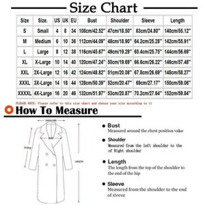 May include: A black and white size chart for a coat, featuring a table with columns for size, bust, shoulder, sleeve, and length in inches and centimeters. Below the table, a line drawing of a coat illustrates how to measure bust, shoulder, sleeve, and length.