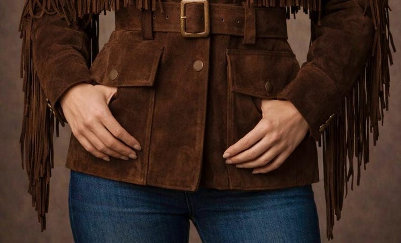 May include: A brown suede jacket with fringe detailing on the sleeves. The jacket features a belted waist with a gold-colored buckle, two front pockets, and button closures. The model is wearing blue jeans.