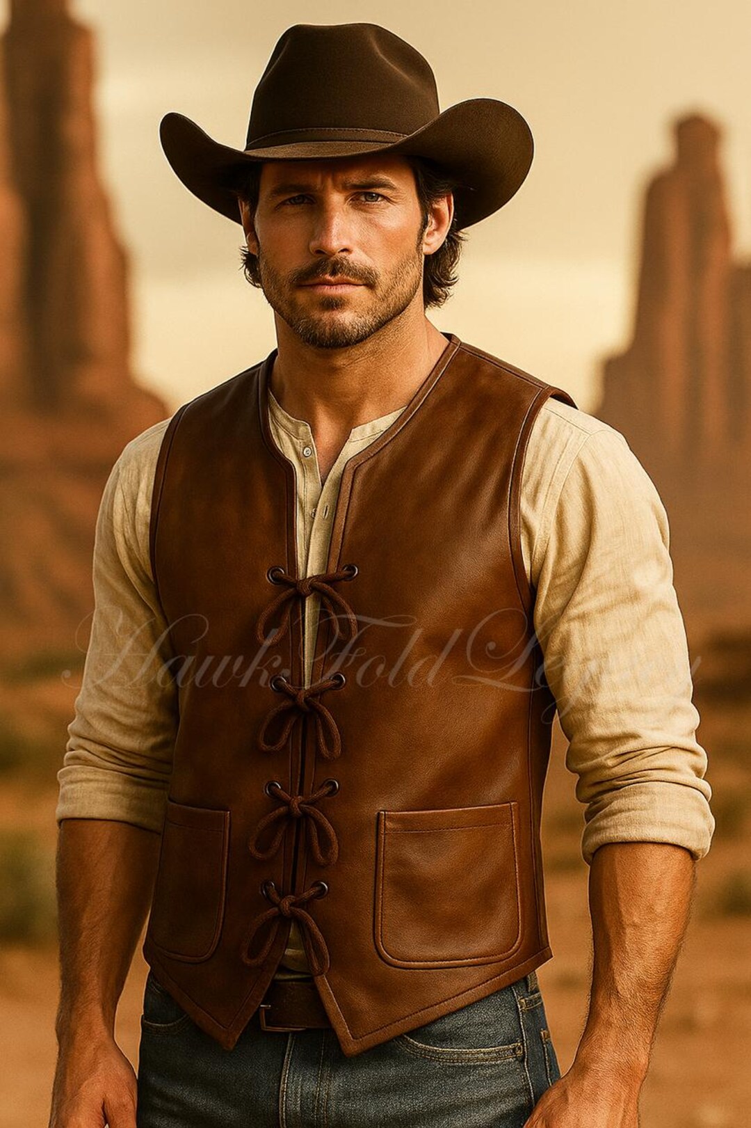Men's Brown Western Cowboy Leather Vest, Handmade Vintage Rodeo