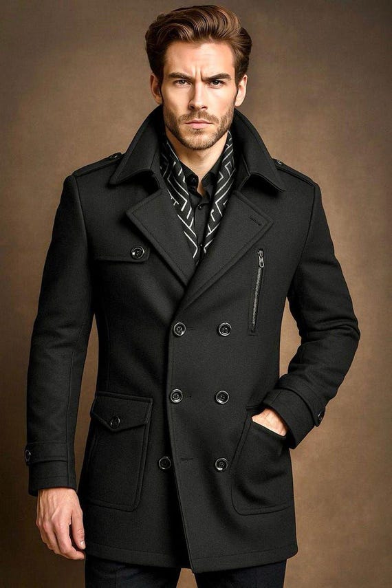 Men’s Victorian Black Peacoat Jacket | Double Breasted Winter Long Pea Coat | Tailored Fashion Overcoat