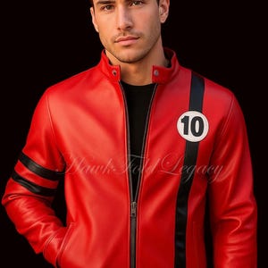 May include: Red leather jacket with black stripes on the sleeves and a vertical stripe down the side. Features a white circle with the number 10. The jacket has a zipper closure and a stand-up collar.