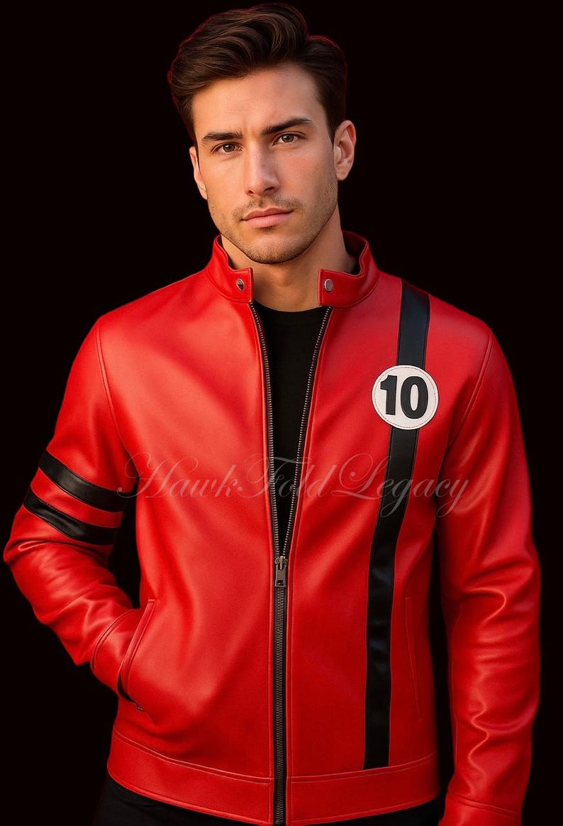 May include: Red leather jacket with black stripes on the sleeves and a vertical stripe down the side. Features a white circle with the number 10. The jacket has a zipper closure and a stand-up collar.