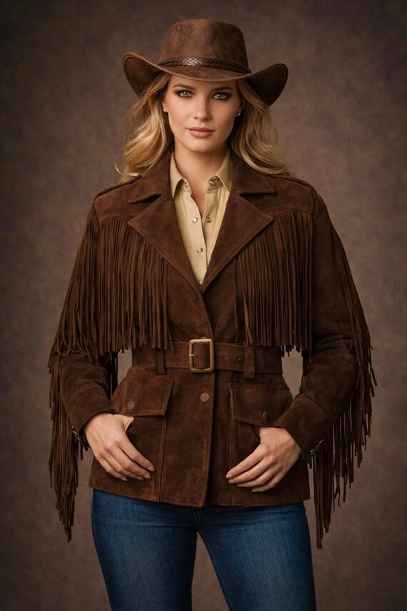 Brown Suede Fringe Western Jacket Belted Cowgirl Coat