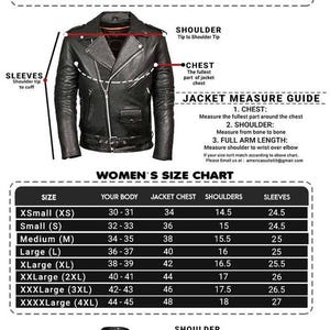May include: Size charts for men's and women's jackets, including chest, shoulder, and sleeve measurements in inches. Diagrams illustrate how to measure for the best fit. Contact information is provided.