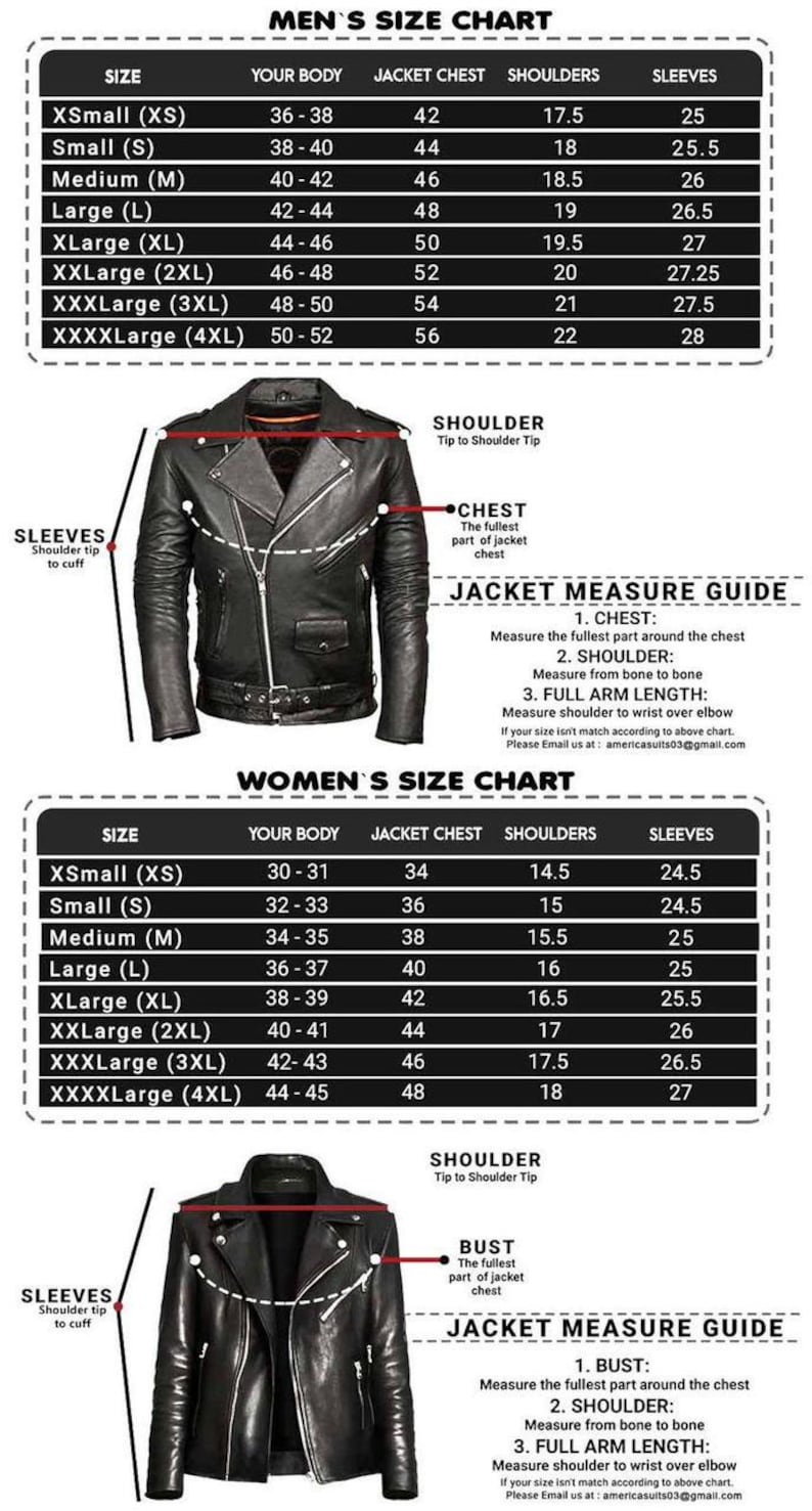 May include: Size charts for men's and women's jackets, including chest, shoulder, and sleeve measurements in inches. Diagrams illustrate how to measure for the best fit. Contact information is provided.
