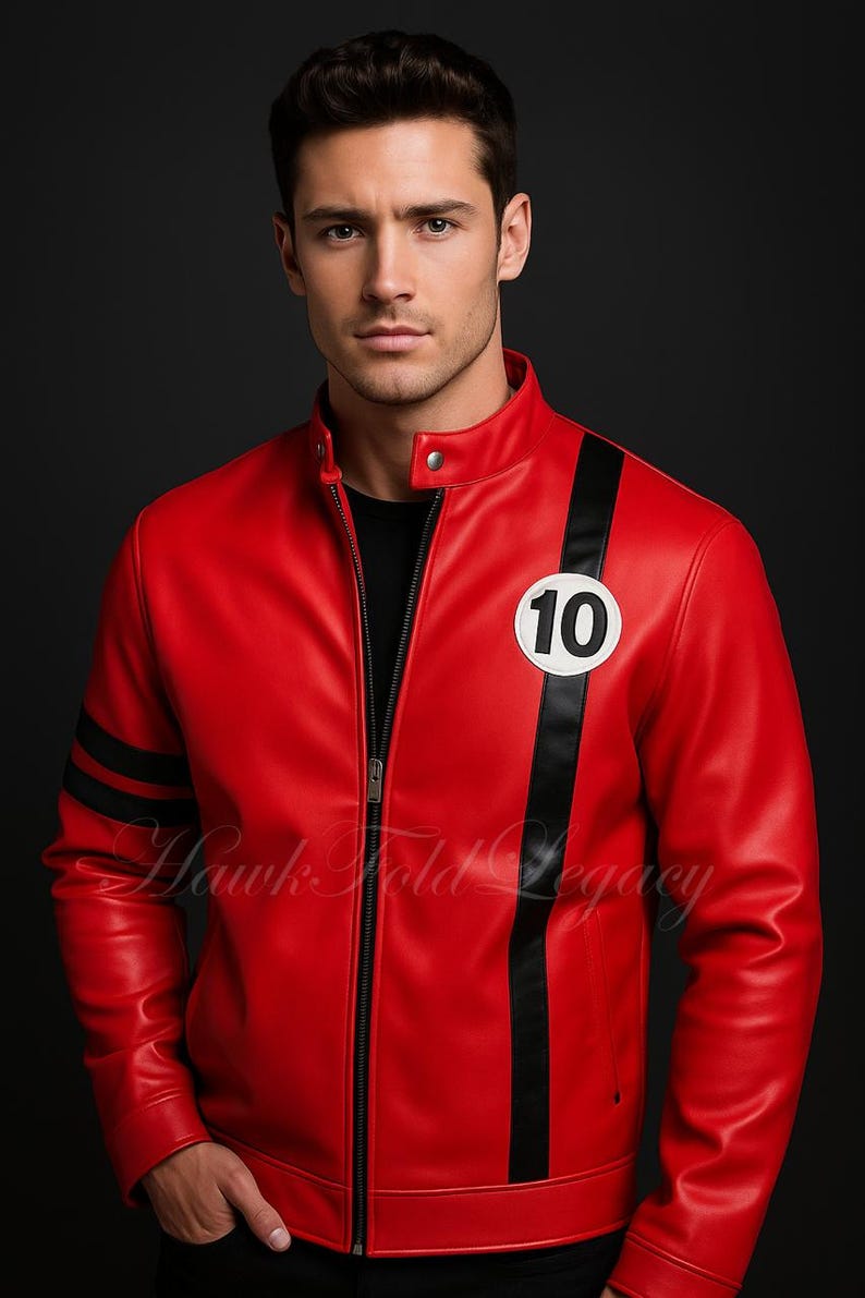 May include: Red leather jacket with black stripes and a white circle with the number 10. The jacket has a zipper closure and a stand-up collar. The text "Hawk Fold Legacy" is visible on the jacket.