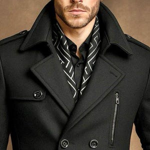 May include: A black double-breasted coat featuring a wide notched lapel, shoulder epaulets, and a vertical zippered pocket on the chest. The coat is worn over a black button-down shirt and a black scarf with a white geometric line pattern.