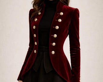 Women's Victorian Military Steampunk Velvet Regency Tailcoat Jacket, Vintage Gothic Frock Coat Cosplay Outerwear