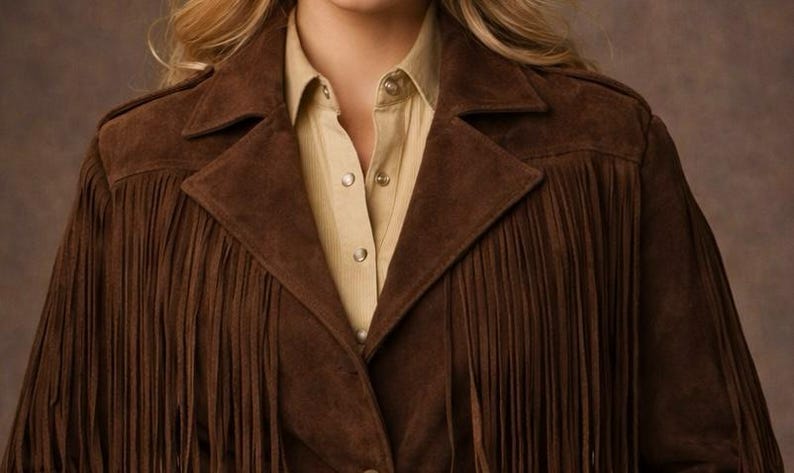 May include: A brown suede jacket with fringe detailing. The jacket has a collared neckline and button closures. A light tan button-down shirt is visible underneath the jacket.