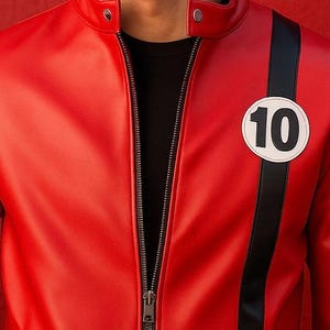 May include: A red leather jacket with a black stripe down the left side and the number 10 in a white circle. The jacket has a zipper closure and a round collar with a snap closure.