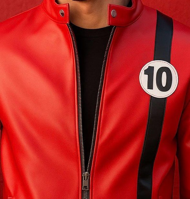 May include: A red leather jacket with a black stripe down the left side and the number 10 in a white circle. The jacket has a zipper closure and a round collar with a snap closure.