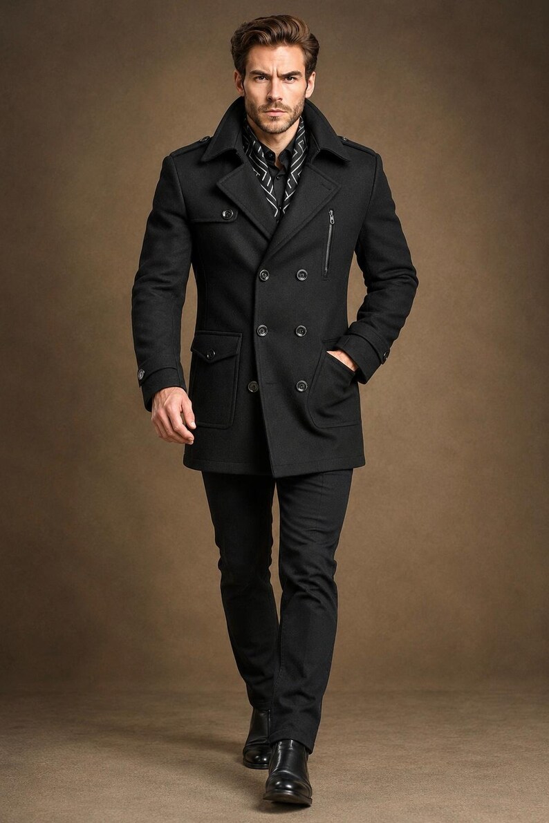 May include: A black double-breasted pea coat featuring a wide collar, shoulder epaulets, and a vertical zippered chest pocket. The coat includes two large flap pockets at the waist, black buttons, and is worn over a black shirt with a white pattern.