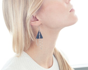 Black Patina Triangle Geometric Earrings w/ Chains - SALE