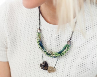 Knitted Fabric Stone Bead Pendant Necklace, Raw Lemon Quartz, Smokey Quartz