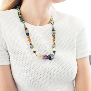 Fabric Wrapped Stone Bead Pendant Necklace, Raw Amethyst, Lemon Quartz, Smokey Quartz