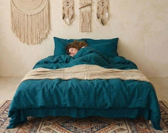 Sea Blue Cotton Duvet Cover, Soft Breathable Bedding, Modern Boho Quilt Cover, Farmhouse Set