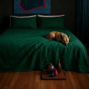 Könnte beinhalten: Ein Bett mit smaragdgrüner Bettwäsche und zwei passenden Kissenbezügen mit weißem Rand. Ein hellbrauner Hund liegt auf dem Bett. Ein Holztablett enthält drei dekorative Vasen. Ein abstraktes Gemälde hängt an der Wand über dem Bett.