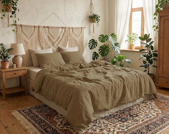 Brown Cotton Duvet Cover Set, Soft Stonewashed Bedding, Comforter, Natural Queen King Size
