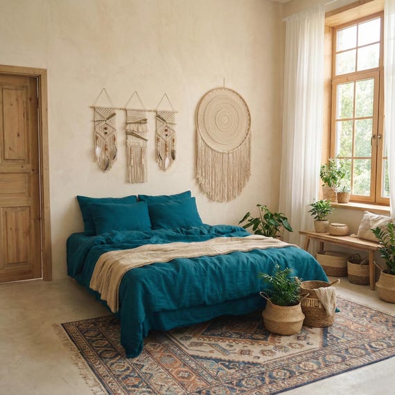 Bettbezug aus Baumwolle in Meeresblau, weiche und atmungsaktive Bettwäsche, moderner Boho-Bettbezug, Landhaus-Set