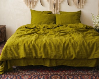 Juego de funda nórdica de algodón lavado color verde oliva musgo, ropa de cama estilo bohemio con cremallera.
